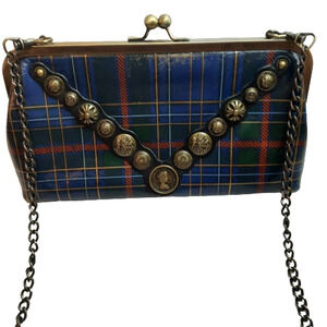 Patricia Nash Leather Blue/Green Tartan Plaid Clutch Bag